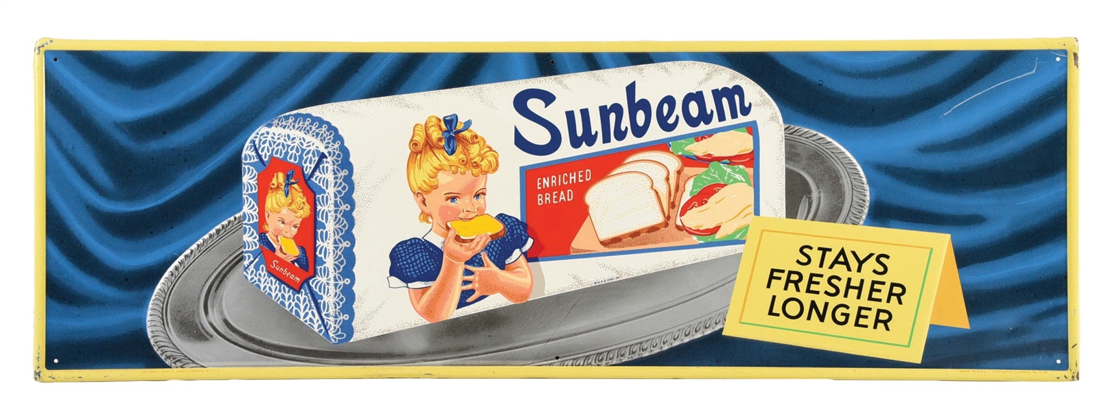 SUNBEAM BREAD "STAYS FRESHER LONGER" SELF-FRAMED TIN SIGN W/ BREAD LOAF GRAPHIC.