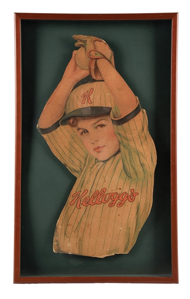 KELLOGGS DIE-CUT CARDBOARD LITHOGRAPH W/ BASEBALL GRAPHIC.