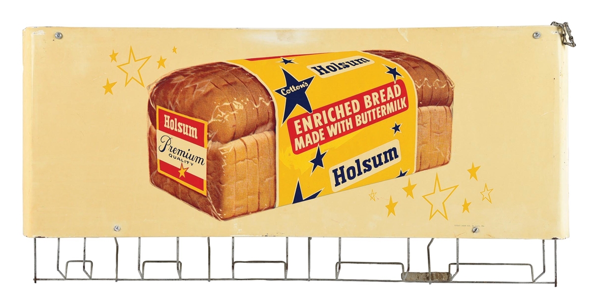 HOLSUM ENRICHED BREAD TIN BAG RACK SIGN W/ BREAD LOAF GRAPHIC.