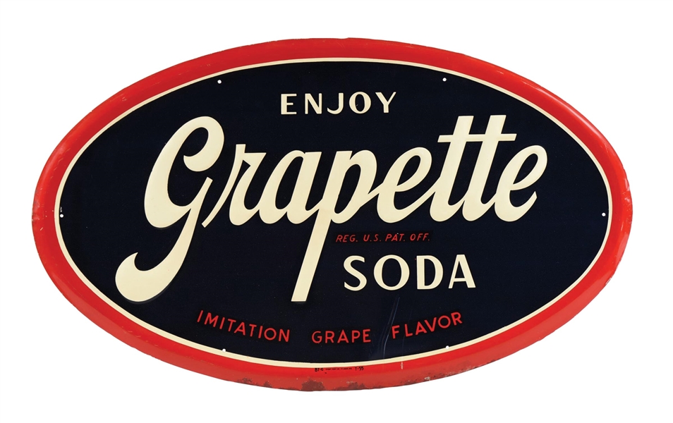 ENJOY GRAPETTE SODA SELF_FRAMED EMBOSSED TIN SIGN.