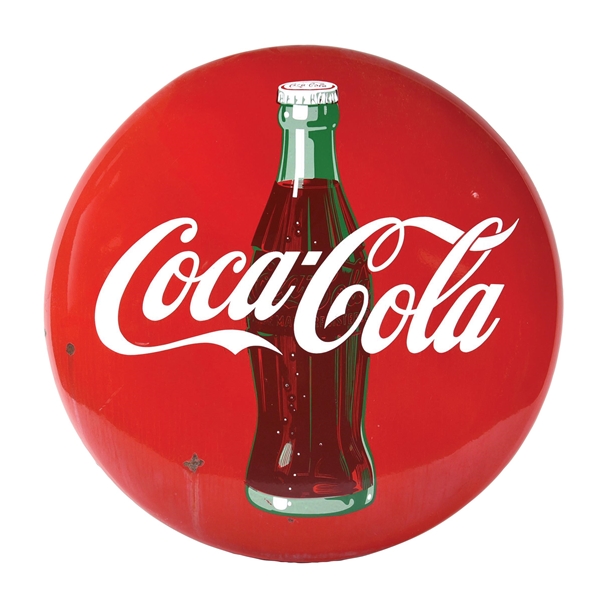 PORCELAIN COCA-COLA BUTTON SIGN W/ BOTTLE GRAPHIC