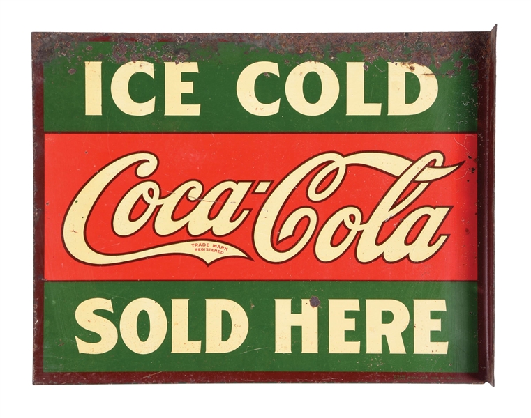 COCA-COLA ICE COLD SOLD HERE TIN FLANGE SIGN.