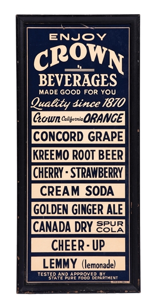 CROWN BEVERAGES CARDBOARD MENU SIGN.