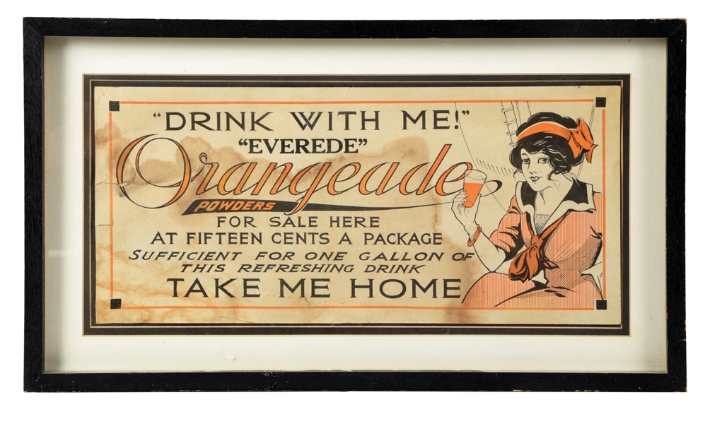 ORANGEADE POWDERS FRAMED ADVERTISING SIGN.