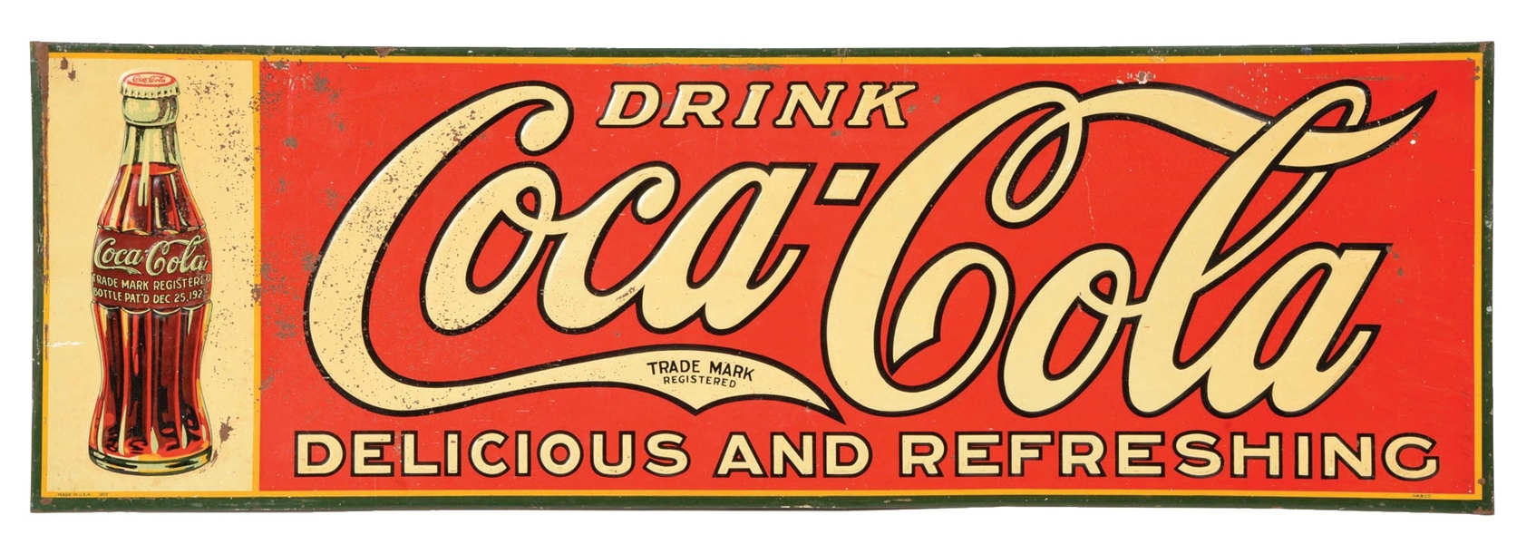 DRINK COCA-COLA DELICIOUS AND REFRESHING EMBOSSED TIN SIGN W/ CHRISTMAS BOTTLE GRAPHIC