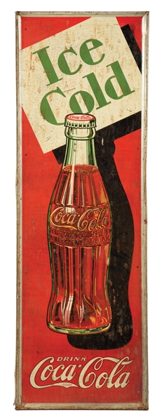 DRINK COCA-COLA ICE COLD SELF-FRAMED TIN SIGN W/ BOTTLE GRAPHIC