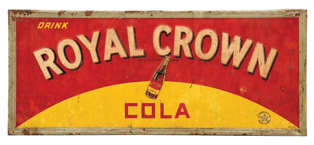 DRINK ROYAL CROWN COLA SELF-FRAMED EMBOSSED TIN SIGN W/ BOTTLE GRAPHIC