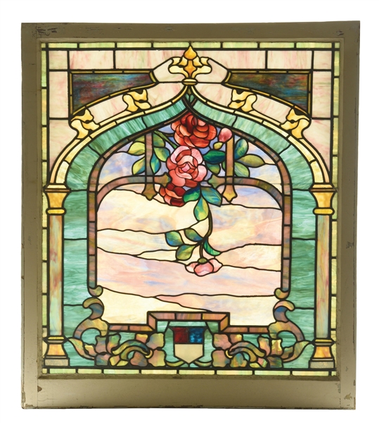 ANTIQUE STAINED GLASS WINDOW PANEL WITH FLORAL MOTIF