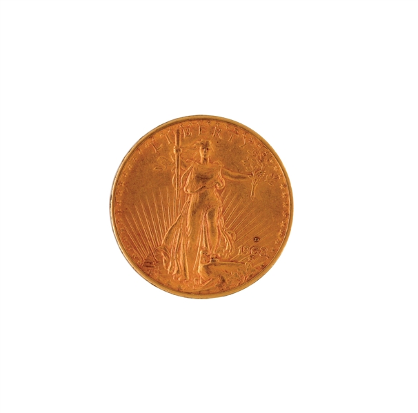 1908-D W/ MOTTO $20 GOLD ST. GAUDENS COIN, BU