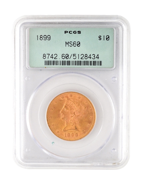 1899 $10 GOLD LIBERTY COIN, PCGS MS60