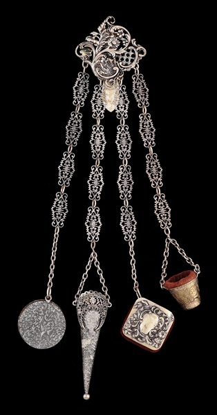 STERLING SILVER CHATELAINE W/ 4 CHAIN ATTACHMENTS