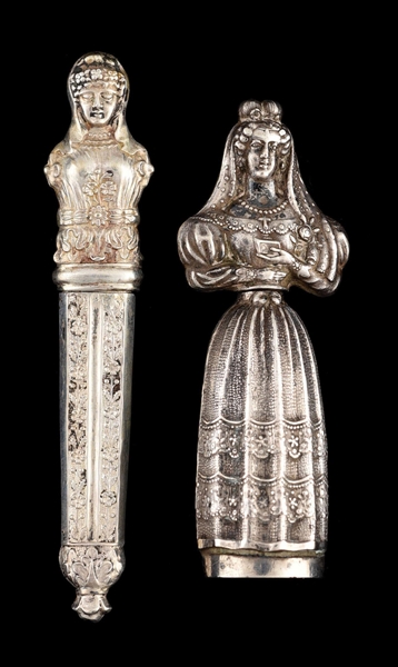LOT OF 2: STERLING SILVER FIGURAL VICTORIAN ANTIQUE NEEDLE CASES