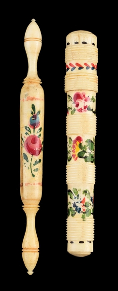 LOT OF 2: ANTIQUE HAND-PAINTED IVORY NEEDLE CASES, 1 IN THE SHAPE OF A ROLLING PIN