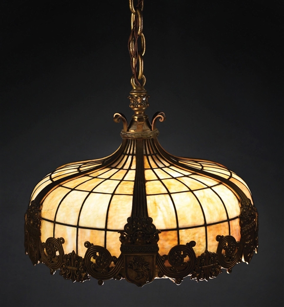 EARLY 20TH CENTURY ORNATE LEADED GLASS & BRONZE HANGING LAMP