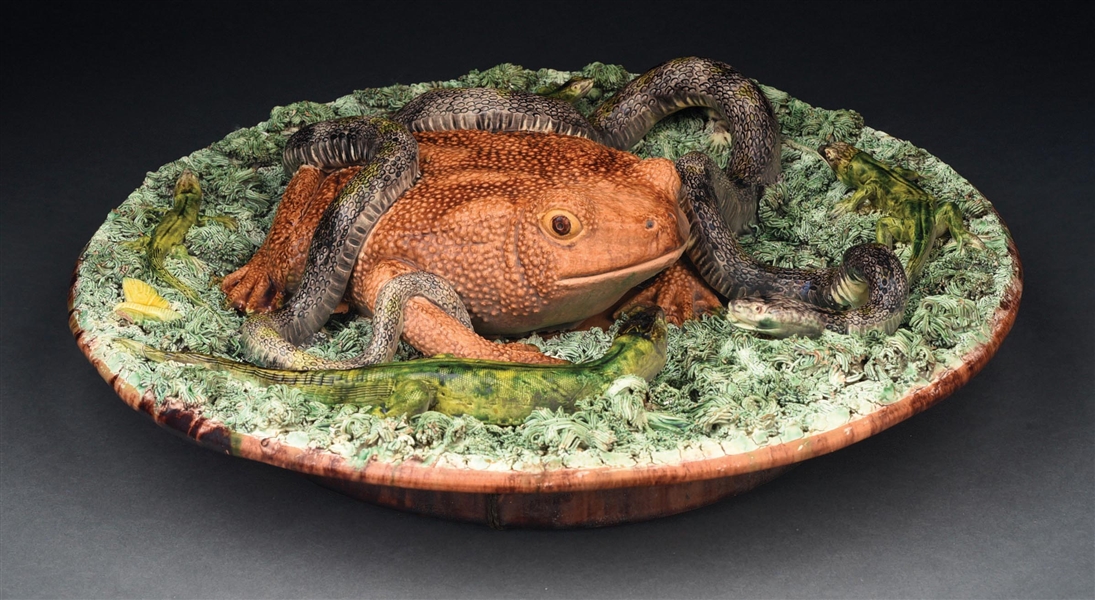 LARGE MAJOLICA PLATER OR CHARGER W/ LARGE TOAD, SNAKE & LIZARD