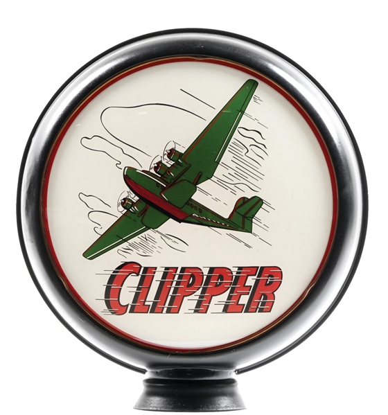 CLIPPER GASOLINE SINGLE 15" GLOBE LENS W/ AIRPLANE GRAPHIC ON METAL H.P. BODY. 