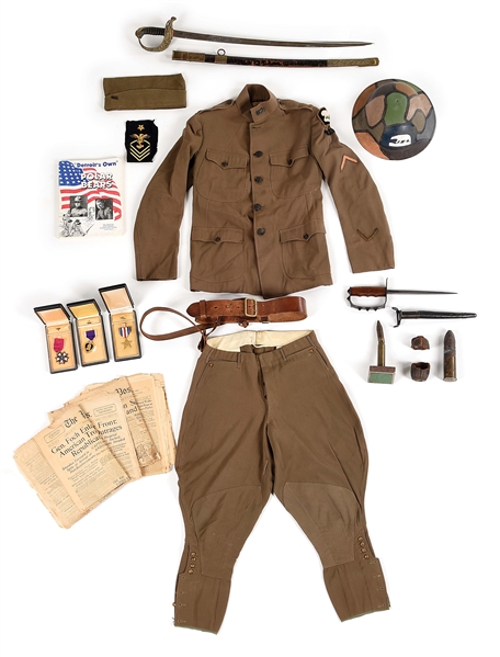 US WWI 339TH INFANTRY REGIMENT UNIFORM, HELMET, MEDAL, AND EPHEMERA GROUPING. 