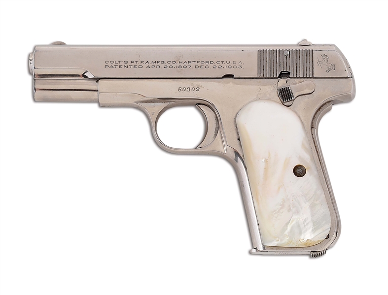 (C) NICKEL COLT MODEL 1908 POCKET HAMMERLESS SEMI AUTOMATIC PISTOL.