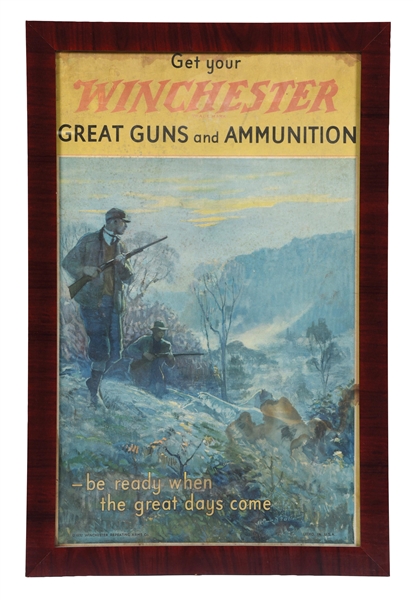 CARDBOARD WINCHESTER GUNS AND AMMUNITION SIGN W/ HUNTING SCENE GRAPHIC