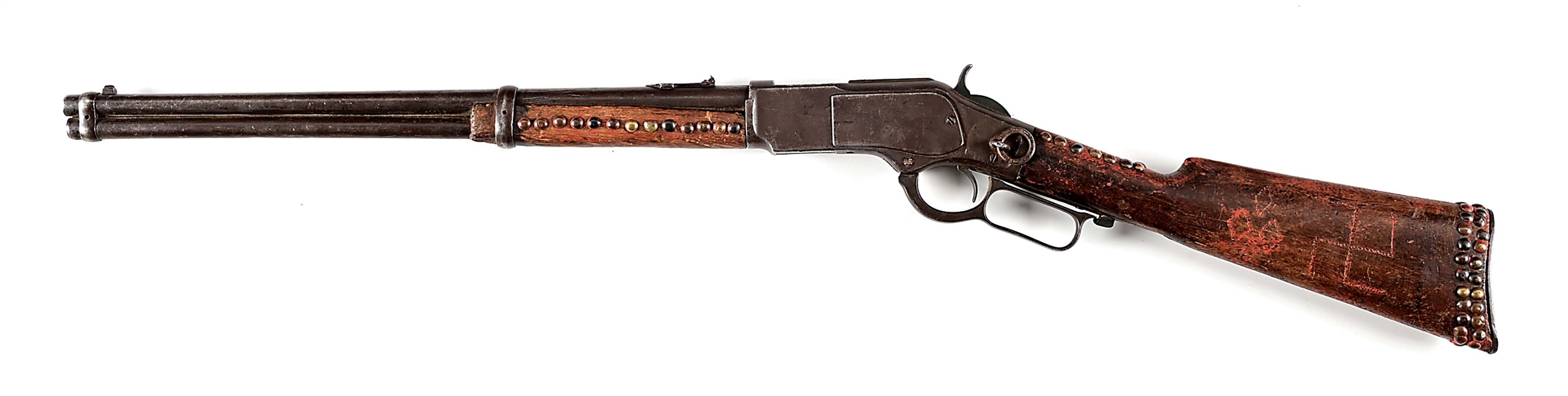 (A) INDIAN TACK  DECORATED WINCHESTER MODEL 1873 SADDLE RING CARBINE