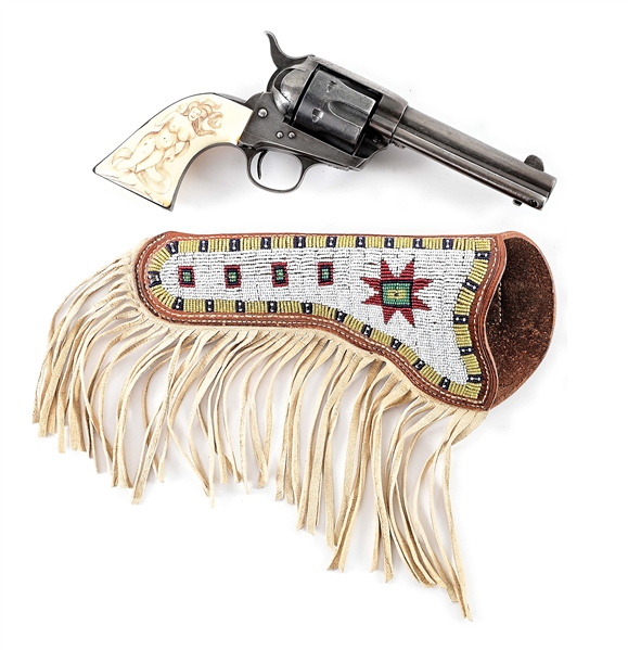 (C) COLT FRONTIER SIX SHOOTER SINGLE ACTION REVOLVER WITH SCRIMSHAW GRIPS AND BEADED HOLSTER