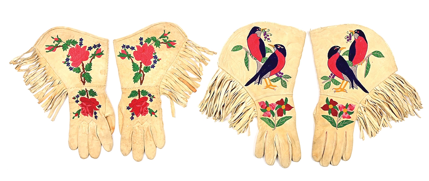 TWO PAIR OF FLORAL AND PICTORIAL GAUNTLETS
