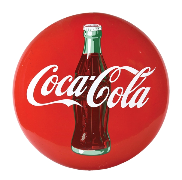 PORCELAIN COCA-COLA BUTTON SIGN W/ BOTTLE GRAPHIC