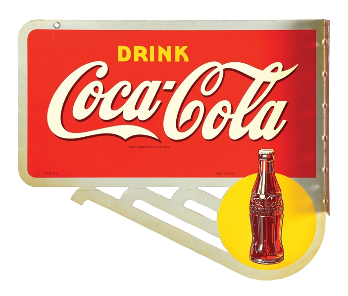 DRINK COCA-COLA FLANGE SIGN W/ SUN AND BOTTLE GRAPHIC.