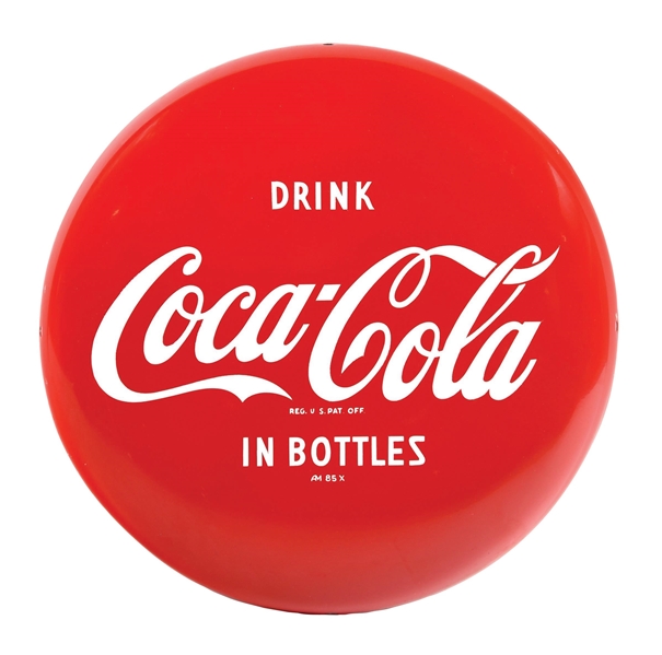 COCA-COLA "DRINK IN BOTTLES" BUTTON SIGN.