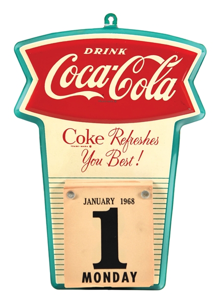 TIN COCA-COLA FISHTAIL CALENDAR SIGN. 