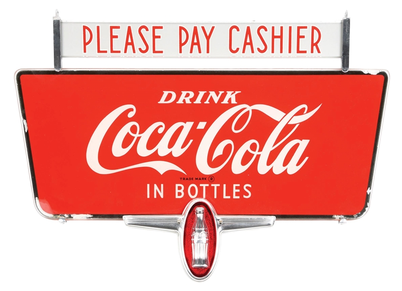 DRINK COCA-COLA PLEASE PAY CASHIER GLASS HANGING SIGN.