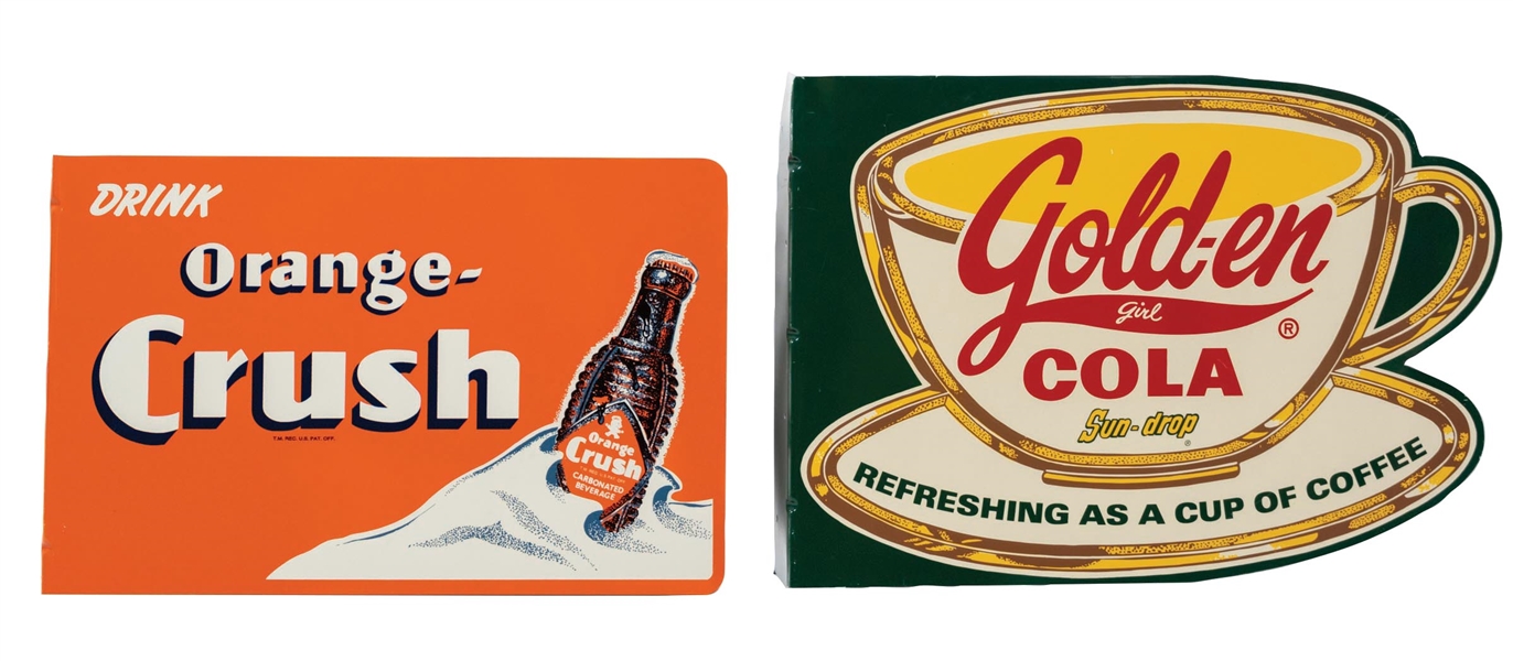 COLLECTION OF 2: ORANGE CRUSH AND GOLDEN COLA FLANGE SIGNS.