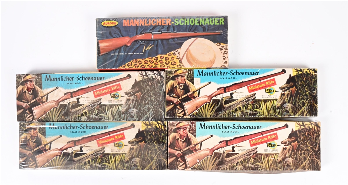 LOT OF 5 CIRCA 1950S MANNLICHER-SCHOENAUER RIFLE PLASTIC MODEL BOXED KITS 