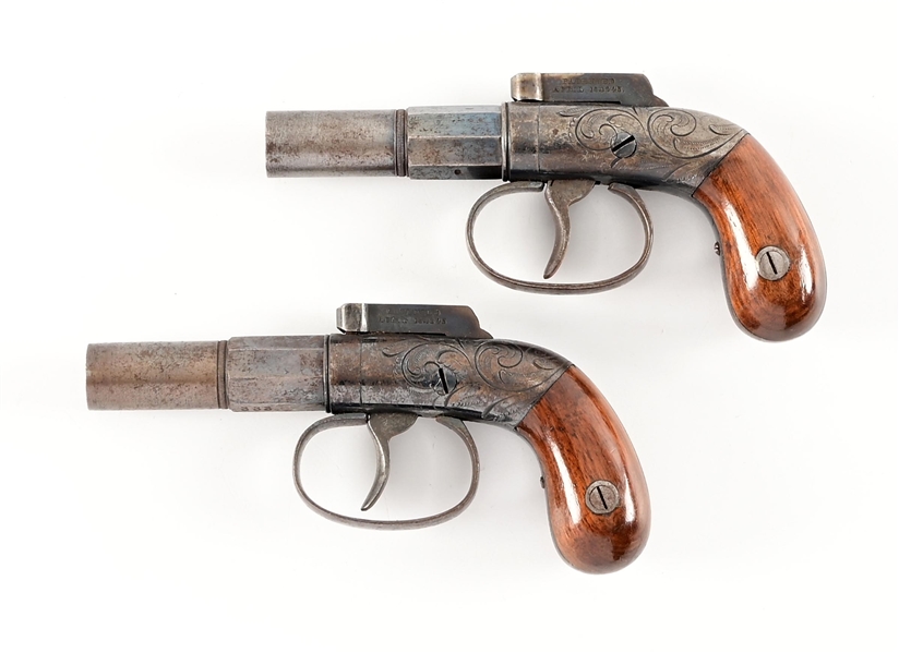 (A) NICE PAIR OF ALLEN & THURBER BAR HAMMER PERCUSSION POCKET PISTOLS WITH ACCOUTREMENTS. 