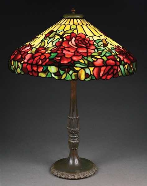 MONUMENTAL DUFFNER AND KIMBERLY PEONY LEADED GLASS TABLE LAMP