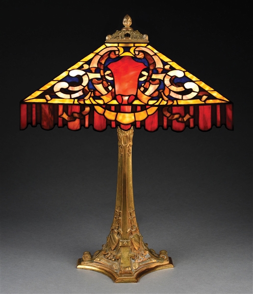 MONUMENTAL DUFFNER AND KIMBERLY ELIZABETHAN LEADED GLASS TABLE LAMP