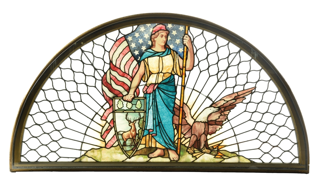 LARGE HALF-ROUND ARCHED STAINED GLASS WINDOW
