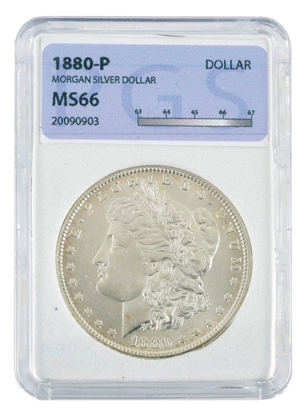 1880 MORGAN SILVER DOLLAR, MS66, PGS.