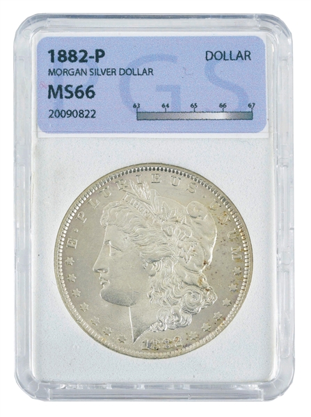 1882 MORGAN SILVER DOLLAR, MS66, PGS.