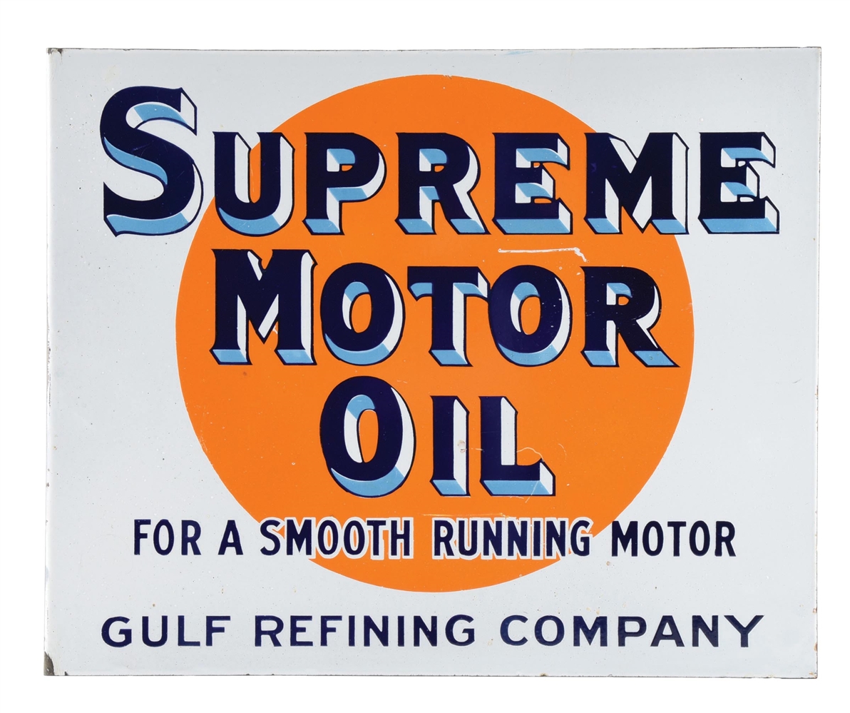 GULF SUPREME MOTOR OIL PORCELAIN FLANGE SIGN AGS 93. 