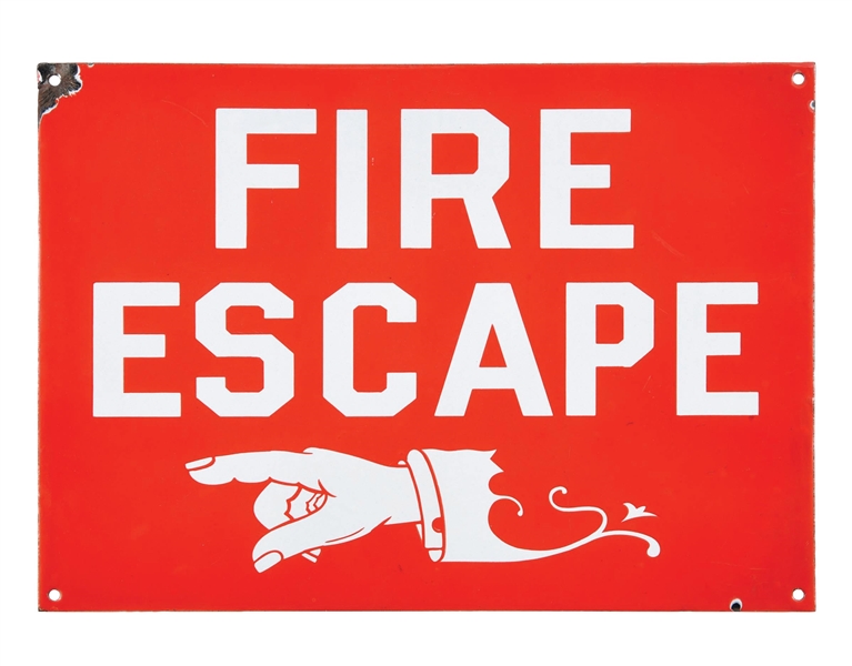 FIRE ESCAPE PORCELAIN SIGN W/ FIGURAL HAND GRAPHIC AGS 89. 