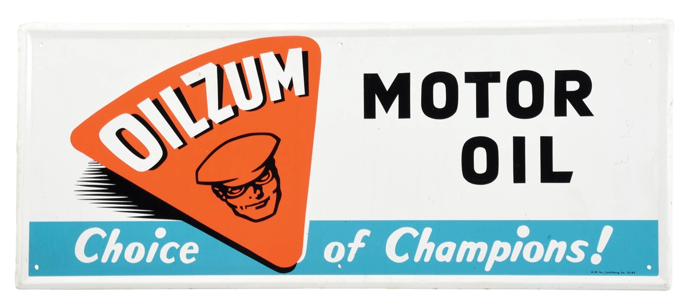 OILZUM MOTOR OIL "CHOICE OF CHAMPIONS!" SELF FRAMED SIGN.