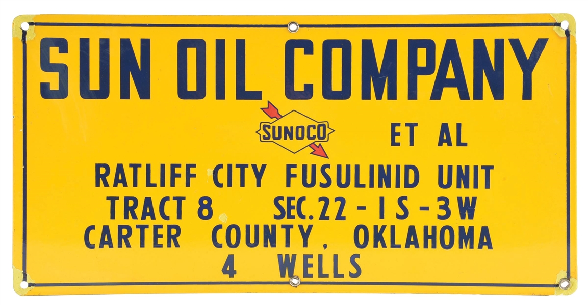 SUN OIL COMPANY PORCELAIN WELL SITE SIGN. 