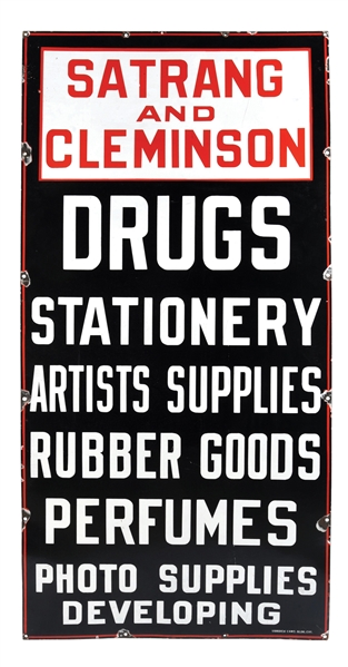 SATRANG AND CLEMINSON DRUGS PORCELAIN SIGN.