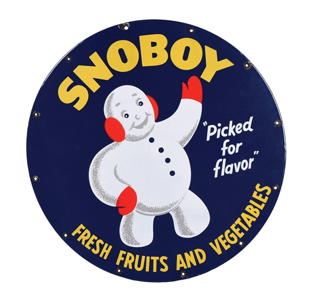 SNOBOY FRUITS & VEGETABLES PORCELAIN SIGN W/ SNOWMAN GRAPHIC AGS 92. 