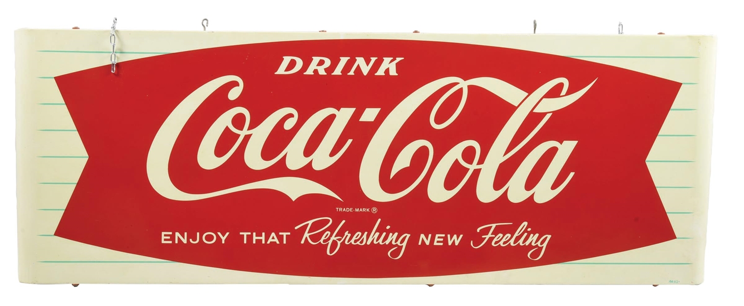 DRINK COCA-COLA TIN SLED SIGN W/ FISHTAIL GRAPHIC. 