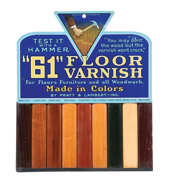 PRATT & LAMBERT FLOOR VARNISH TIN STORE DISPLAY SIGN W/ WOOD SAMPLES & HAMMER GRAPHIC. 