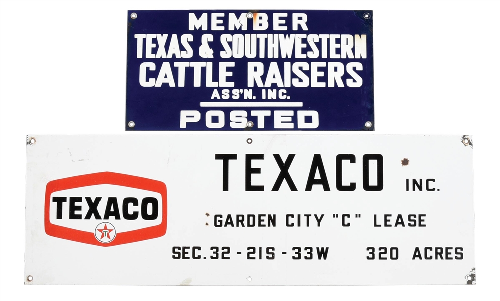 COLLECTION OF 2: TEXACO AND TEXAS CATTLE RAISERS PORCELAIN SIGNS.