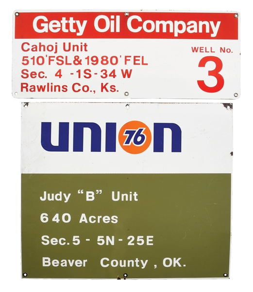 COLLECTION OF 2: UNION 76 AND GETTY OIL COMPANY PORCELAIN SIGNS.