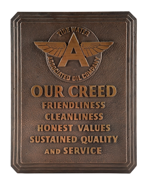 ASSOCIATED "OUR CREED" CAST BRONZE SERVICE STATION SIGN W/ FLYING A GRAPHIC AGS 92. 